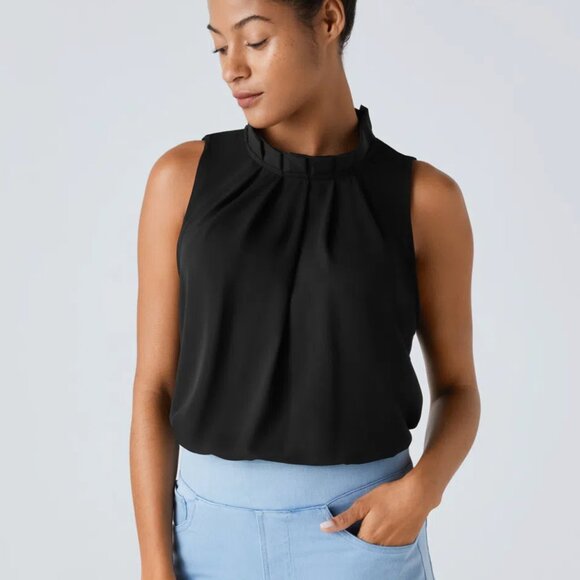 Halara Stand Collar Pleated Button Back Sleeveless Work Top - Picture 1 of 3